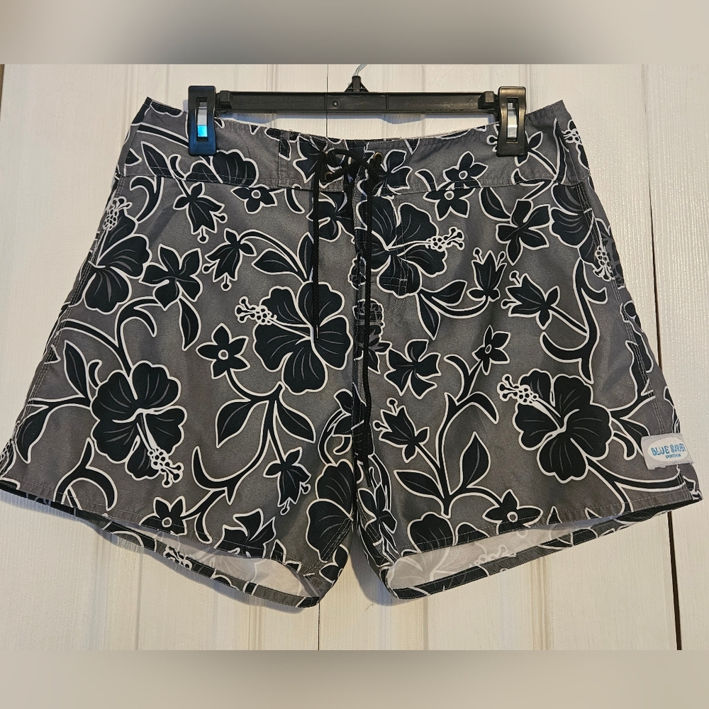 Elegant Blue and Gray Floral Women's Swim Shorts